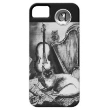 MUSICAL CAT WITH OWL IN BLACK WHITE GEM MONOGRAM iPhone 5 CASE