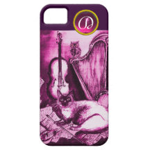 MUSICAL CAT WITH OWL IN PINK PURPLE GEM MONOGRAM iPhone 5 COVERS