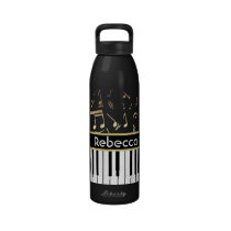Musical Notes and Piano Keys Black and Gold water bottles