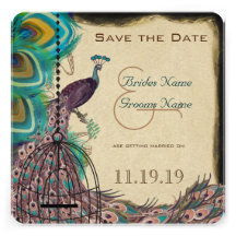Musical Peacock Bird Cage Eggplant Save the Date Invitations
