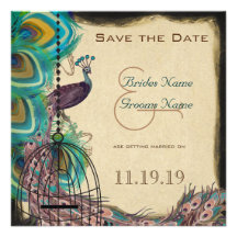Musical Peacock Bird Cage Eggplant Save the Date Custom Invites