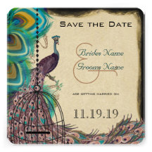 Musical Peacock Bird Cage Eggplant Save the Date Personalized Invitation