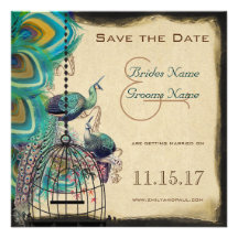 Musical Peacock Bird Cage Love Birds Save the Date Custom Invitation