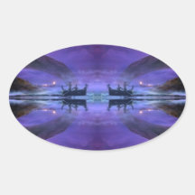 mystical lake sunrise scene oval sticker