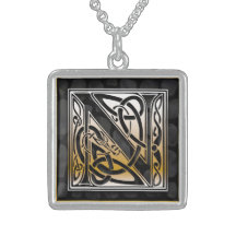 N Initial Monogram "Celtic Black Stone" Necklaces