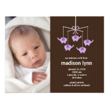 Naissance pourpre Annoucement de bébé d'éléphants Invitations Personnalisées