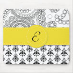Names Initials Monograms Damask White Black Yellow Mouse Pad