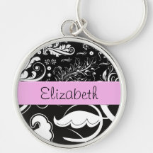 Names Initials Monograms Flowers Black White Pink Key Chain