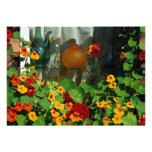 Nasturtiums with glass bottles invite