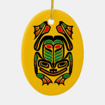Native Haida Art Frog - black on yellow Christmas Ornament