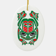 Native Haida Art Red and Green Frog - white Ornaments