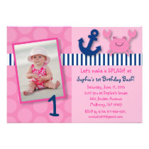 Nautical Pink Crab Birthday Invitations invitations