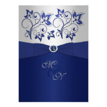 Navy and Silver Floral  Monogrammed Invitation