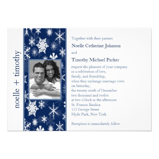 Navy and White Snowflakes Photo Wedding Invitation