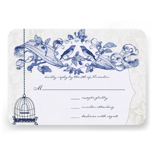 Navy Bird Cage Oak Vintage Birds Scroll Wedding Custom Announcements