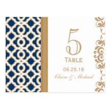 Navy Blue and Gold Moroccan Wedding Table Number Post Cards