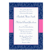 Navy Blue and Pink Damask Swirl Wedding Invitation