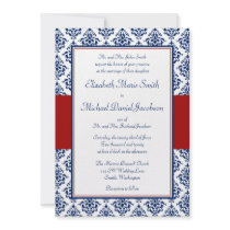 Navy Blue and Red Damask Wedding Invitations
