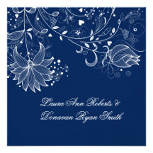 Navy Blue and White Floral Swirls Post Wedding Custom Invitations