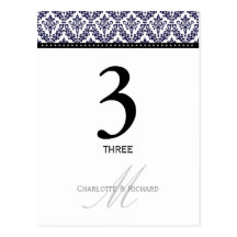 Navy Blue Damask Monogram Table Number Card Postcard