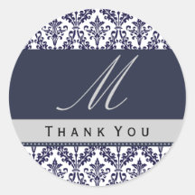 Navy Blue Damask Monogram Wedding THANK YOU St Round Sticker