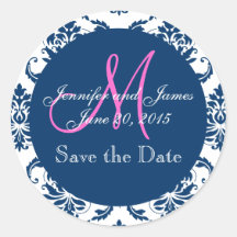 Navy Blue Damask Pink Monogram Save the Date Round Stickers