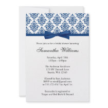 Navy Blue Damask Ribbon Bow Bridal Shower Announcement