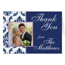 Navy Blue Damask Wedding Photo Thank You Card