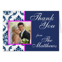 Navy Blue Damask Wedding Photo Thank You Fuchsia Card