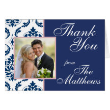 Navy Blue Damask Wedding Photo Thank You Pink Greeting Card