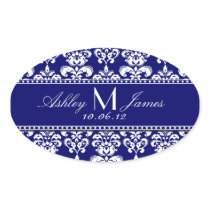 Navy Blue Damask Wedding Wine Label Oval Stickers