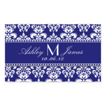Navy Blue Damask Wedding Wine Label Rectangular Stickers