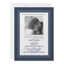 Navy Blue Gingham Dreams Photo Birth Announcements