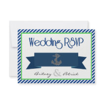 Navy Blue Green White Nautical Wedding RSVP Cards Invitations