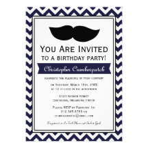 Navy Blue Moustache Chevron Birthday Party Invites