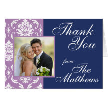 Navy Blue Purple Damask Wedding Photo Thank You Greeting Card