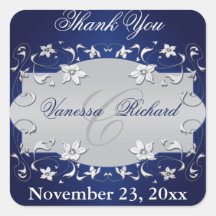 Navy Blue Silver Gray Floral Wedding Favor Sticker