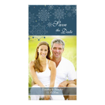 Navy blue snowflakes winter wedding save the date photo card