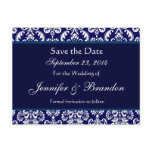 Navy Blue & White Damask Save The Date Postcard