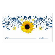 Navy Blue White Sunflower Floral Wedding Placecard Business Cards