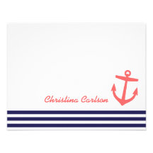 Navy & Coral Nautical Stripes & Anchor Stationery Personalized Invitations