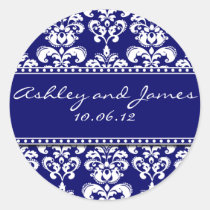 Navy Damask Names and Date Wedding Stickers stickers