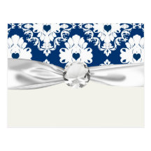 navy hearts blue white damask post card