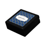 Navy quatrefoil clover leaf pattern personalized jewelry box