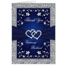 Navy Silver Floral Hearts FAUX Foil Thank You Card