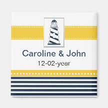 navy stripes,lighthouse, nautical save the date fridge magnet