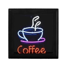Neon Coffee Sign on Black Keepsake Boxes