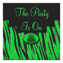 Neon Green & Black Zebra Glitter Birthday Invitations