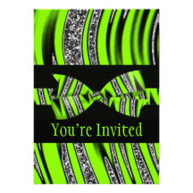Neon Green & Black Zebra Glitter Stripes Personalized Announcements