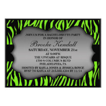 Neon Green Wild Night Zebra Bachelorette Party Personalized Invitation